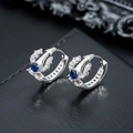 Hip hop trident hoop earrings with blue zircon and white diamonds in silver metal - Silver (Blue Rhinestone)