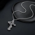 Gothic silver cross necklace with dragon and skull relief on a durable box chain - Dragon Coiled Cross (L1107-A)