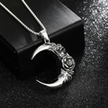 Gothic silver crescent moon pendant necklace with detailed rose engraving and chain link - Pendant Only (Without Chain) (L1115-A)
