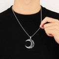 Silver crescent moon necklace with engraved rose pattern worn on black knitwear - 50CM Titanium Steel Chain (L1115-B)
