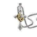 Vintage oxidized silver cross necklace for men featuring a gold crown relief on box chain - Wheat Chain Necklace
