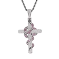Détail du pendentif croix et serpent serti de zircons sur une chaîne de corde torsadée - Serpent Rouge Argent