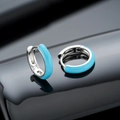Modern light blue enamel huggie earrings with silver finish on reflective black background - Drip Oil Earrings (X986-A) / Blue