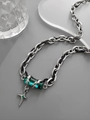 Collar hip hop para hombre con cadena de plata, piedra esmeralda y colgante de cruz - Collar de Estrella de Circonia Verde (L054-D)