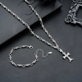 Parure gothique en acier inoxydable argenté avec collier, bracelet et croix en strass - Combinaison Collier Et Bracelet