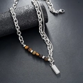 Tiger eye stone cuban chain necklace with rectangular tag in silver stainless steel - L820-A (Tiger Eye Necklace) 50+5cm