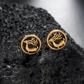Vintage gold elk stud earrings with reindeer design on black volcanic rock background - Gold