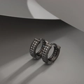 Detailed close-up of gunmetal hinged hoop earrings with triple-row crystal pave setting - White Zirconia (X009-C)