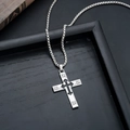 Macro view of silver cross pendant with black inlay and four clear rhinestones - Holy Glow Cross (L8888-L)