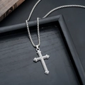 Detail of silver cross pendant with pavé set cubic zirconia on a box chain necklaces - Radiant Cross Chain - Steel (L8888-C)