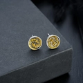 Detailed view of vintage double dragon stud earrings with gold and silver dual-tone finish - Antique Silver Pair