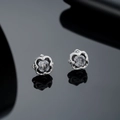 Vintage silver flower stud earrings with grey natural stones and oxidized finish - Antique Black Style (X935-B)