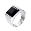 Polished stainless steel signet ring for men featuring a large square black gemstone inlay - US 7 / Silver Color Black Stone