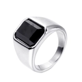 Polished stainless steel men's signet ring featuring a large square-cut black stone - US 7 / Steel Color Black Zircon