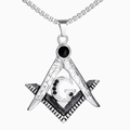 Pendente massonico in acciaio argentato con squadra, compasso e cristallo nero centrale - Ciondolo Solo (Senza Catena) Tono Argento Strass Nero