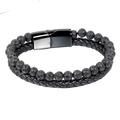 Bracciale da uomo a doppio strato con pietre laviche nere e pelle intrecciata e chiusura magnetica - Nero (21cm)