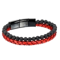 Bracciale da uomo a doppio strato in pelle intrecciata rossa e pietre laviche nere - Rosso (21cm)