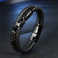 Pulsera de doble capa de cuero trenzado negro con cierre magnético de acero inoxidable hombre - Hebilla de Dos Secciones / 21cm