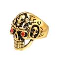 Anello da uomo teschio punk gotico color oro con occhi in strass rossi e incisioni - US 7 / Oro