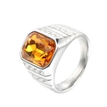 Men's silver titanium steel ring with rectangle orange gem and vintage carvings - US 7 / Silver Tone Yellow Gem