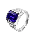 Macro view of square blue gemstone and engraved geometric details on silver steel ring - US 7 / Silver Tone Deep Blue
