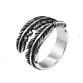 Retro zilveren open ring met dubbele veren, gravures en een vintage geoxideerde look - US 6 / Staalkleur
