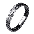 Bracciale da uomo in pelle nera intrecciata con nodo in metallo e fibbia magnetica - Lunghezza 21cm