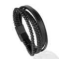 Mehrlagiges Herrenarmband aus schwarzem Leder mit geflochtener Kordel und Magnetverschluss - 21cm