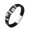 Bracciale da uomo in pelle nera intrecciata a due strati con dettagli in metallo argento - 21cm