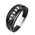 Men's multilayer black leather bracelet with silver textured beads and magnetic buckle - 21cm / Steel