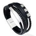 Men's multilayer braided black leather bracelet with stainless steel metal accents - Steel Color Length 21CM