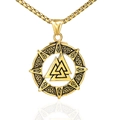 Gold stainless steel Viking necklace featuring Valknut pendant with runic design details - Single Pendant Gold