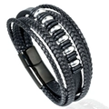 Bracciale multistrato da uomo in pelle nera intrecciata con chiusura magnetica in acciaio - Lunghezza 21cm