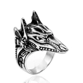 Anello Anubis vintage in acciaio inossidabile con design testa di lupo punk su sfondo bianco - US 7 / Color Acciaio