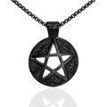 Black stainless steel pentagram pendant necklace with mystical rune engravings - Pendant Only (Without Chain) (Black)