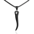 Men's black polished Italian horn cornicello pendant with crown detail and box chain - Single Pendant Black