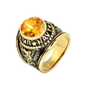 Golden Navy commemorative ring with large round yellow gemstone and eagle side carvings - Size 7 / Gold Base Black Wash Yellow Zirconia