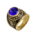 Gold titanium steel US Navy ring featuring a large faceted blue gemstone inlay - Antique Gold With Blue Stone