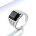 Men's silver signet ring featuring a large faceted black agate stone with beaded details - US 7 / Steel