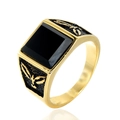 Men's vintage gold-plated steel ring featuring square black gemstone and eagle details - US 7 / Gold Tone Black Rhinestone