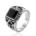 Punk style men's stainless steel ring with square black agate gemstone and carved details - US 7 / Silver Black