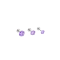 Three-piece purple cubic zirconia stud set with silver medical steel flat screw backs - Bar 1.0*6mm / Purple (4mm)