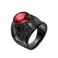 Men's black titanium steel ring with red faceted gemstone and eagle carving - Black Base Red Rhinestone