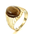 Men's vintage titanium steel ring with oval tiger eye stone and gold-tone fluted band - US 7 / Gold Tiger's Eye