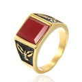 Men's gold-plated signet ring with a rectangular red gemstone and eagle relief - US 7 / Gold with Red Rhinestones