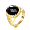Men's vintage titanium steel ring with gold plating and large blue sandstone oval gem - Gold Blue Sandstone