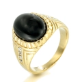 Detail of a gold-plated ring with large oval black stone and sparkling side zircon accents - Gold Black