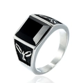 Men's silver signet ring featuring a large square black gemstone and carved eagle wings - US 7 / Steel Black Rhinestone