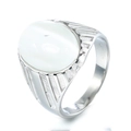 Macro shot of silver stainless steel ring with oval white stone and textured side grooves - US 7 / Steel Color White Gemstone