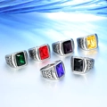 Detailed view of vintage silver steel rings with rectangular gemstones in six colors - Size 7 / Steel Red Rhinestone